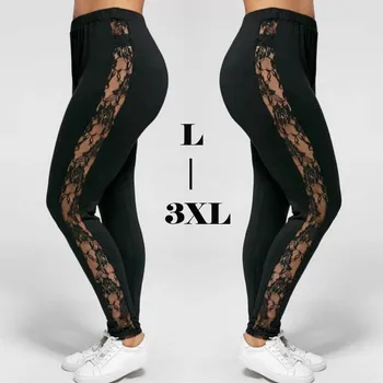 

Plus Size L-3XL Sexy New Women Lace Pants Insert Sheer Leggings Viscose Elastane High Waisted Lace Patchwork Full Length Pants