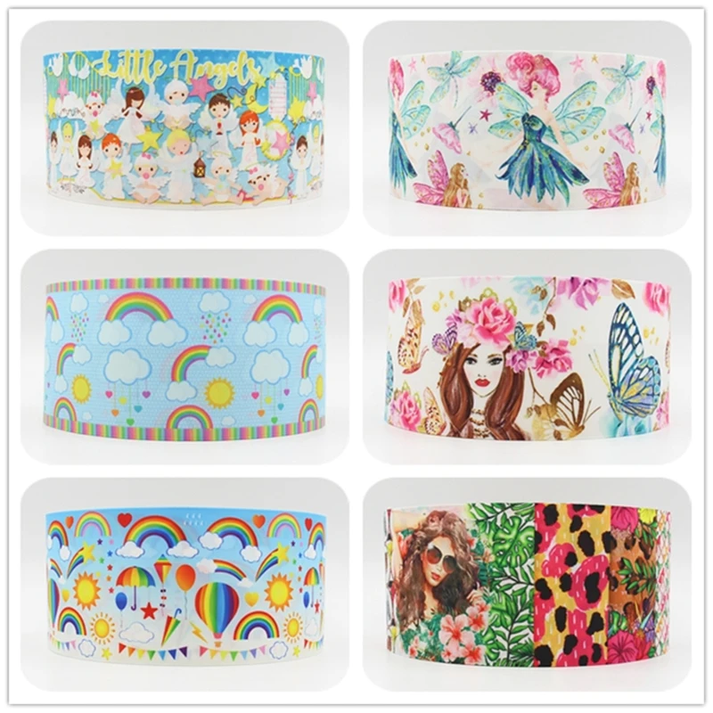 

Q&N ribbon 16mm 22mm 25mm 38mm 50mm 75mm rainbow angel fashion printed grosgrain ribbon webbing 50yards/roll for hair tie