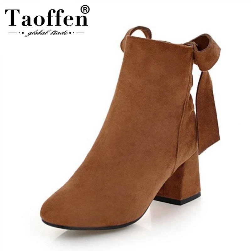 

TAOFFEN Women High Heels Boots Winter Bowknot Ankle Boots Woman Zipper Pointed Toe Shoes Mature Ladies Footwear Size 33-43