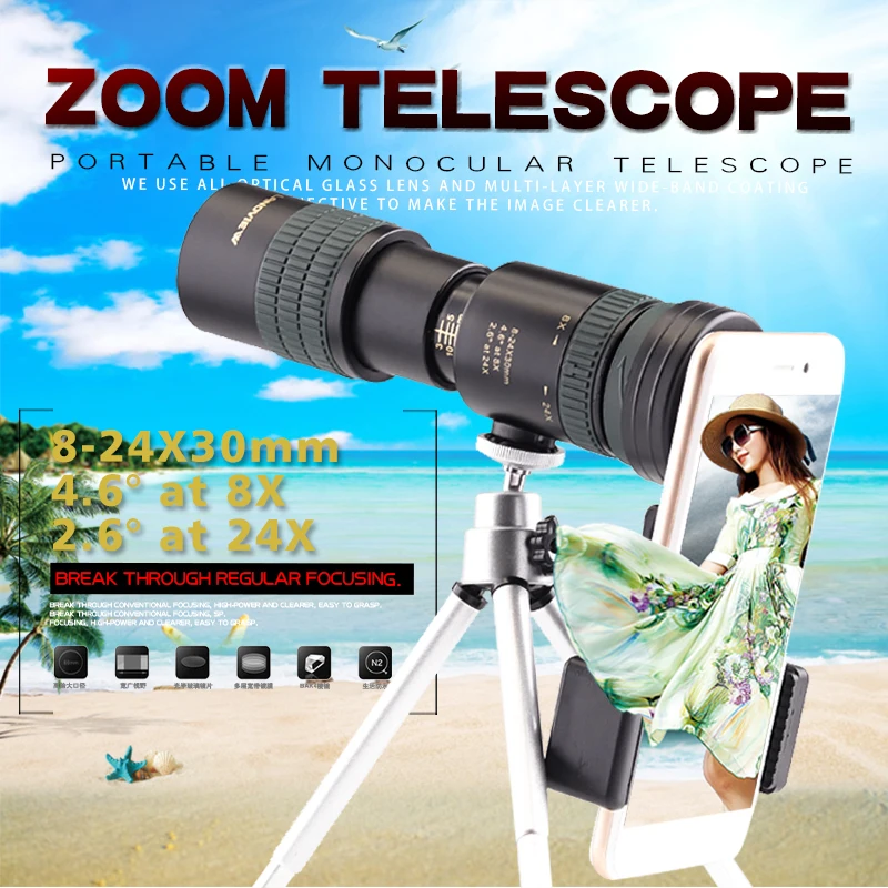 

Hunting Monocular Telescope 8-24X30 With Phone Clip Camping Climb Travel Spotting Scope Optics with tripod free shipping