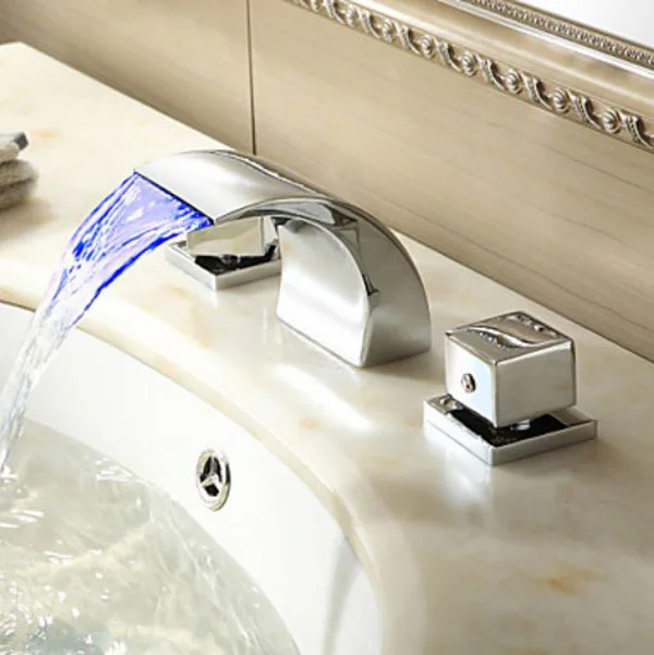 

Chrome Finish Color Changing LED Waterfall Widespread Bathroom Sink Faucet Mixer