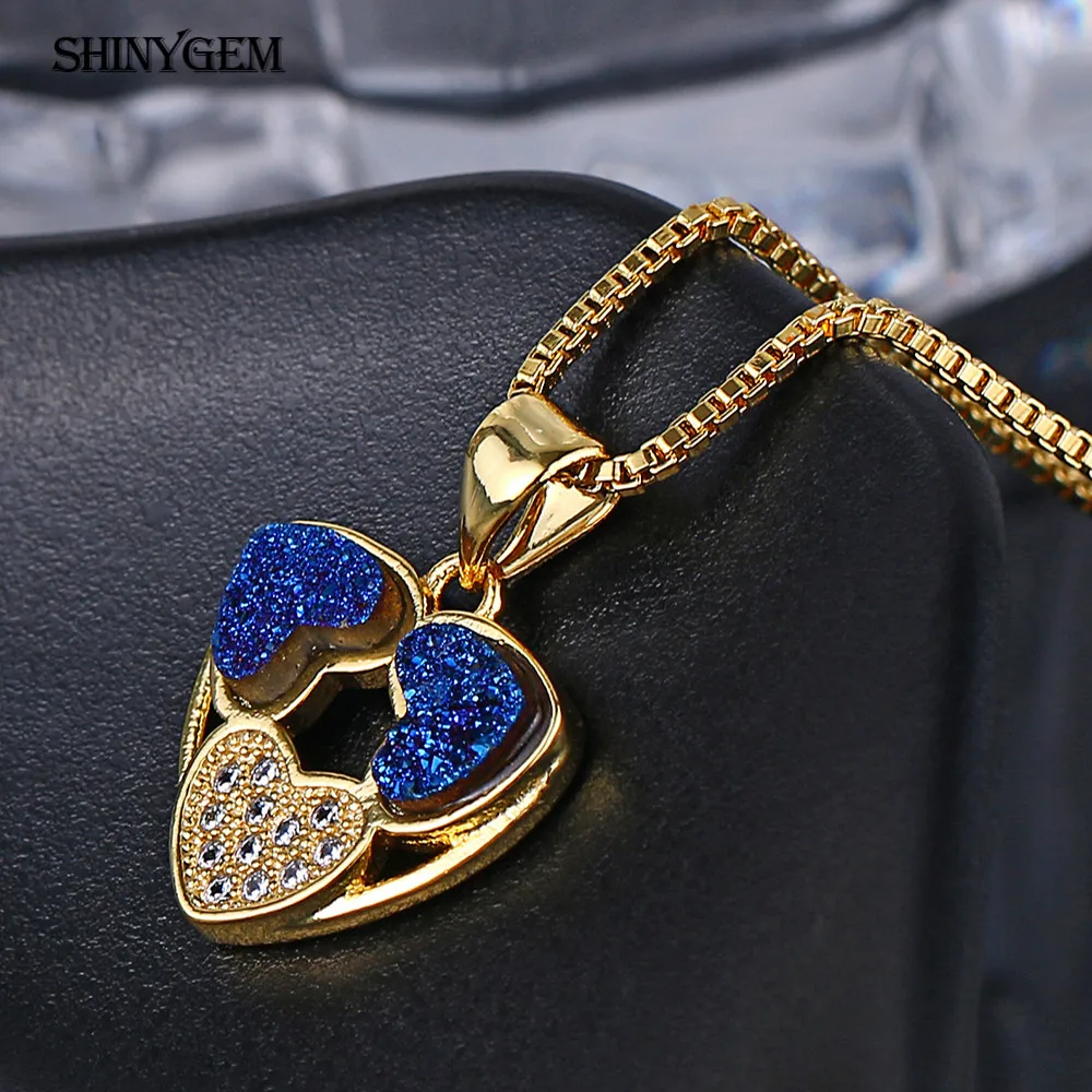 Ожерелья с кулоном в виде сердца ShinyGem Druzy радужные симметричные ожерелья тройным