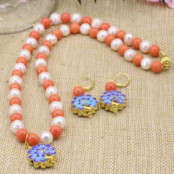

9-10mm white natural pearl 8mm orange faux coral round beads necklace earrings gold-color cloisonne jewelry 18inch B3180