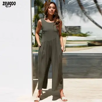 

New Fashion Women Casual O-Neck Sleeveless Solid Pocket Loose Wide Legs, Jumpsuit Ankle length