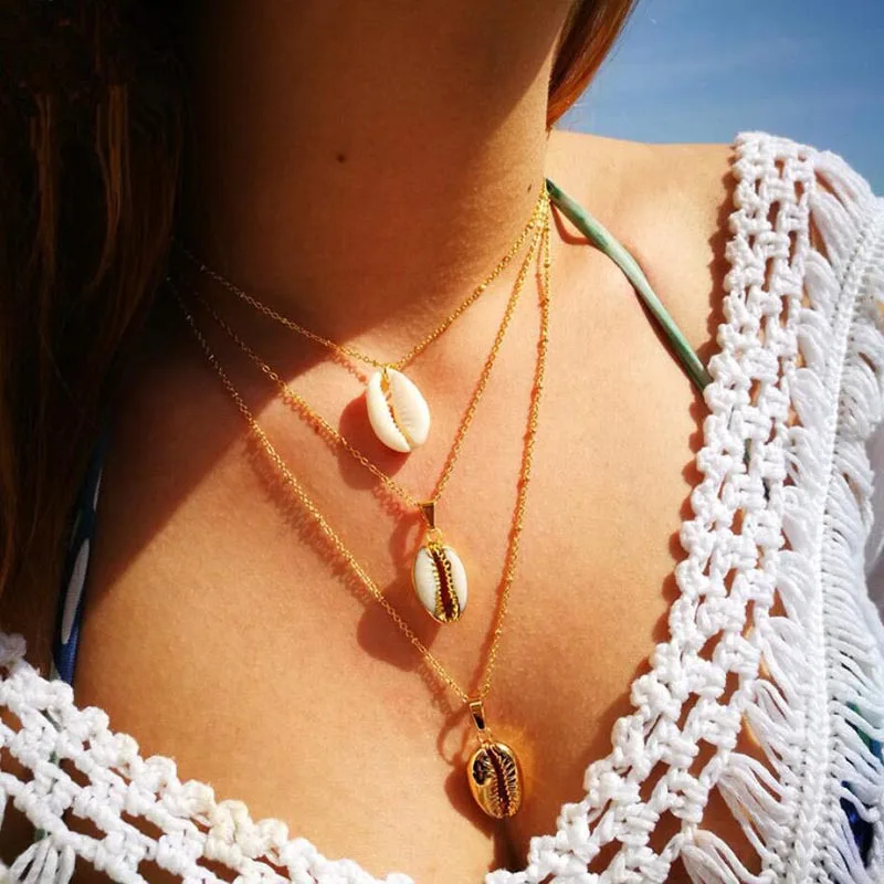 

Natural Sea Shell Chocker Necklace for Women Summer Beach Seashell Pendant Layered Necklaces Gold Choker Women's Necklaces 2019