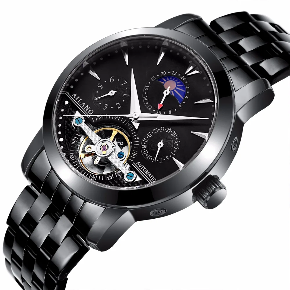 Real branded men's AILANG brand car wind waterproof leather strap auto tourbillon mechanical watch black dial male fashion | Наручные