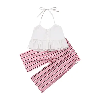 

2019 Newborn Baby Girls White Sleeveless Tops + Striped Long pant 2PC Outfits Children Clothes set