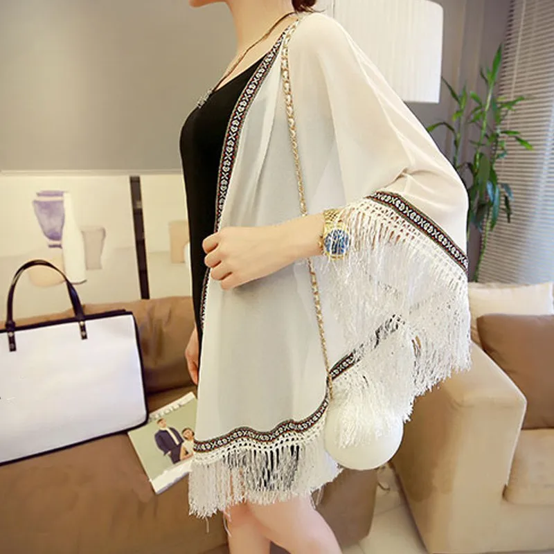 

Women Blouses Free Size Sun-proof Tassels Cardigan Women Tops Chiffon Batwing Blouse Kimono Cardigan Chemise Femme