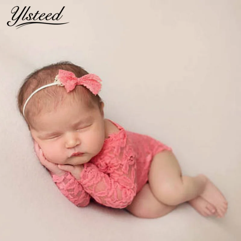 Baby Girls Lace Romper Newborn Photography Props Infant Photo Costume Deep V Back Lace Jumpsuit Headband Set Photo Shooting Prop vintage Baby Bodysuits