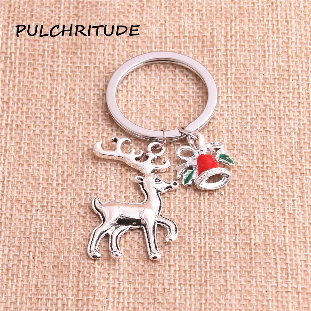 PULCHRITUDE 3pcs Silver Drop Oil Bowknot Bell Christmas Tree Deer Snowman Bells Charm Key Chain Fit Diy Jewelry Making c2038