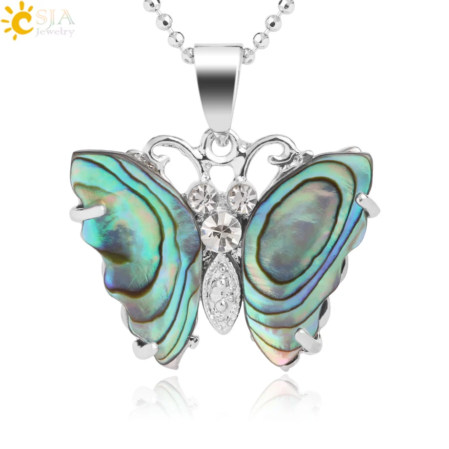 

CSJA Natural Colorful Abalone Shell Pendants Necklace Rhinestone Butterfly Tiny Cute Animal Pendant for Women Charm Jewelry G061