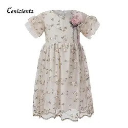 Cenicienta/платье принцессы для девочек Новая модная летняя одежда девочек с коротким рукавом аппликации хлопок кружево платья Вечерние
