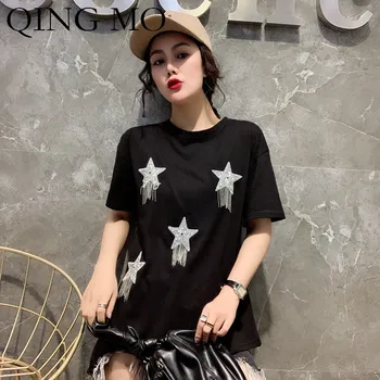

QING MO Women Black White Tassel T Shirt Women Sequin T Shirt Women Summer Short Sleeve T Shirt Lady Elegant Top 2020 ZQY724