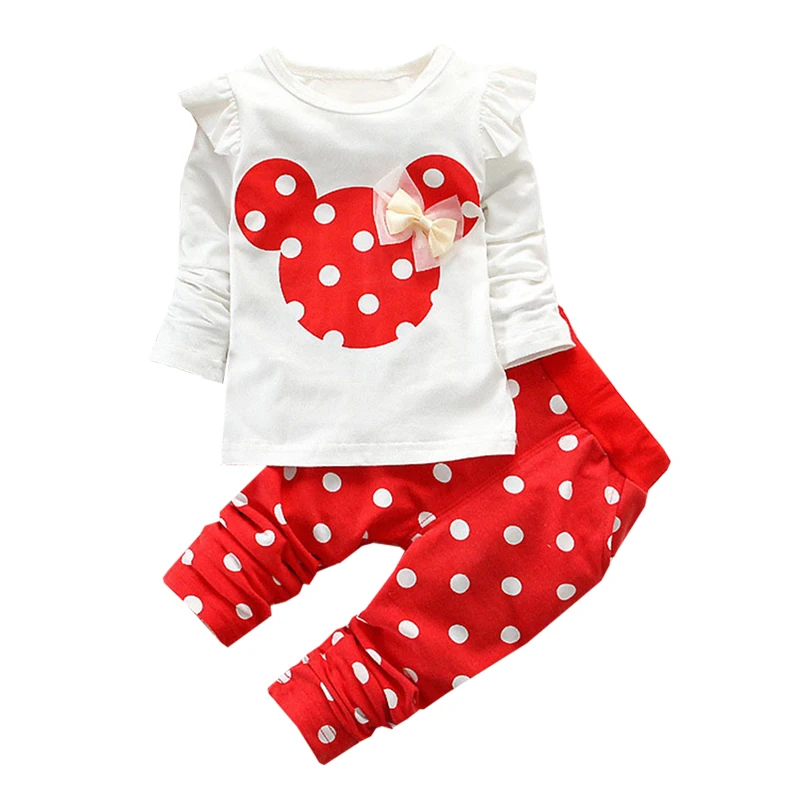 Одежда для девочек комплект из рубашки с длинными рукавами и штанов с рисунком Микки и Минни, украшенный бантом, качественная одежда для детей 0-4 лет