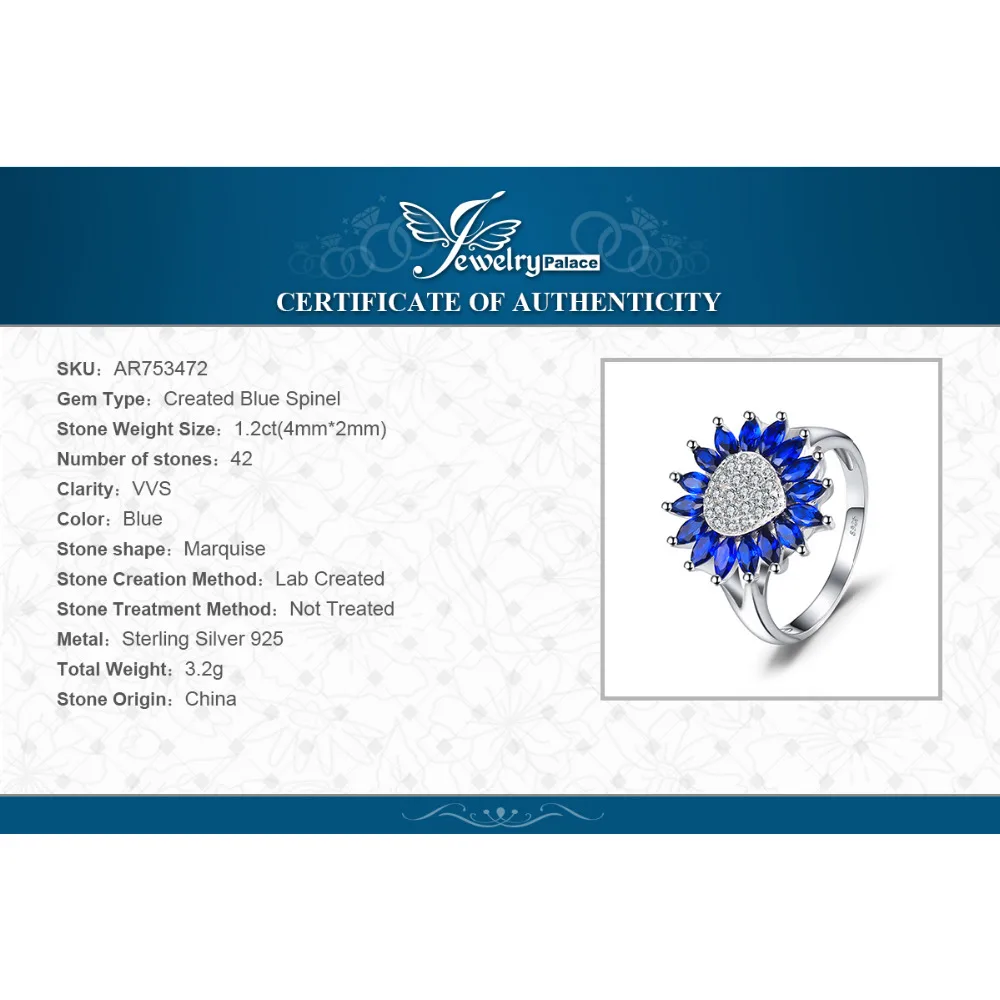 JewelryPalace 1.5ct Created Blue Spinel Floral Gemstone Ring For Women Real 925 Sterling Silver Fine Jewelry New Arrival