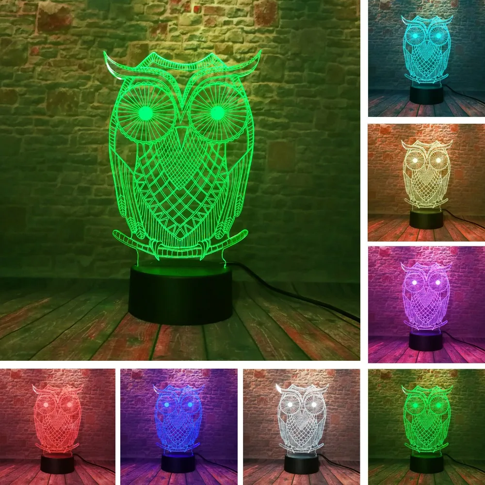 Милая сова 3D LED животное Ночная 7 видов цветов USB голограмма лампа настольная