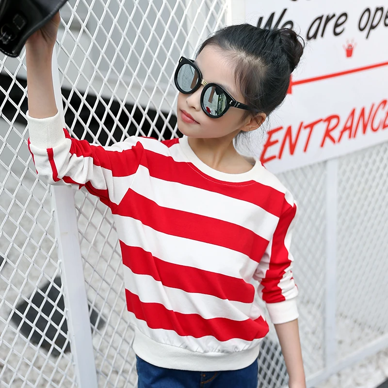 

2017 Girls T-shirts Lovely Spring New Fashion Cotton Tees for Childrens Striped Print Long Sleeved Tops O-neck Tshirts 8 12 14 T