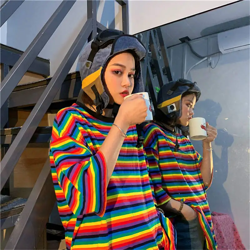 Neploe 2020 Women TShirts Rainbow Striped Tee Shirts O-neck Harajuku Loose T Shirt Woman Clothes Short Sleeve BF Tshirts 38094
