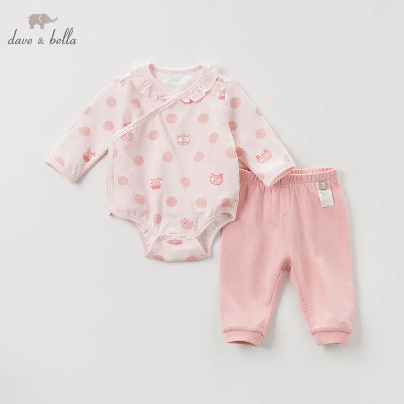 DBH11368 dave bella 0-12M new born baby girls wear infant toddler cartoon clothing sets baby pajamas children boutique 2pc sets