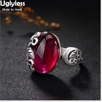 

Uglyless Real 990 Fine Silver Jewelry Women Luxury Natural Chalcedony Rings Statement Bijoux Handmade Engraved Flower Leaf Ring
