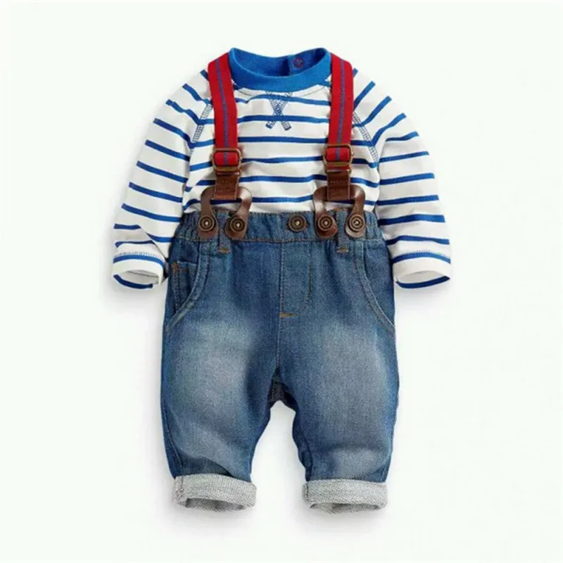 

2 PCs Baby Unisex Long Sleeve T-shirt Jeans Bib Pants Overall Outfits Clothes Set 3M-2Y