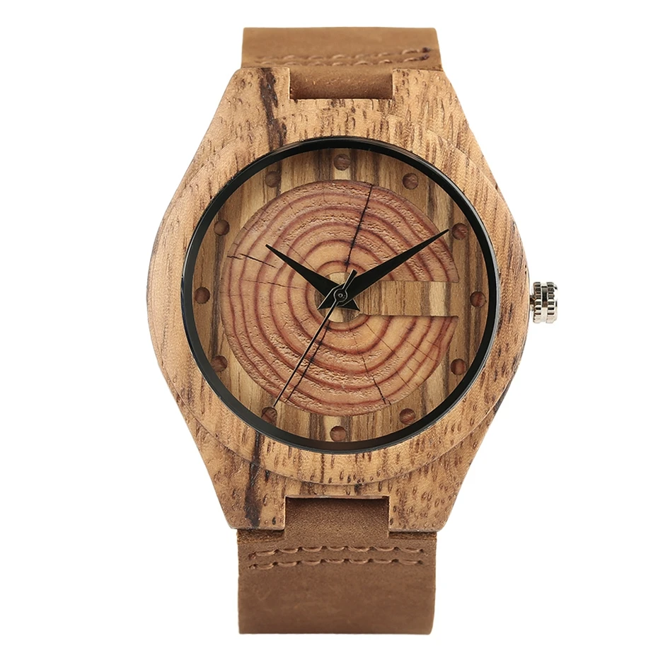 Retro Zebra Wood Watch Men's Annual Ring Round Dial Clock Male Quartz Wristwatch Soft Brown Genuine Leather Band Watches for Men (1)