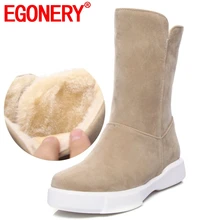 EGONERY/Женская обувь зимние сапоги женская теплая обувь на низком каблуке в простом стиле с круглым носком зимние женские сапоги до середины икры с толстым плюшем внутри