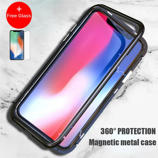 Magnético de Metal Bumper Case para iPhone X 8 7 Plus Vidro temperado