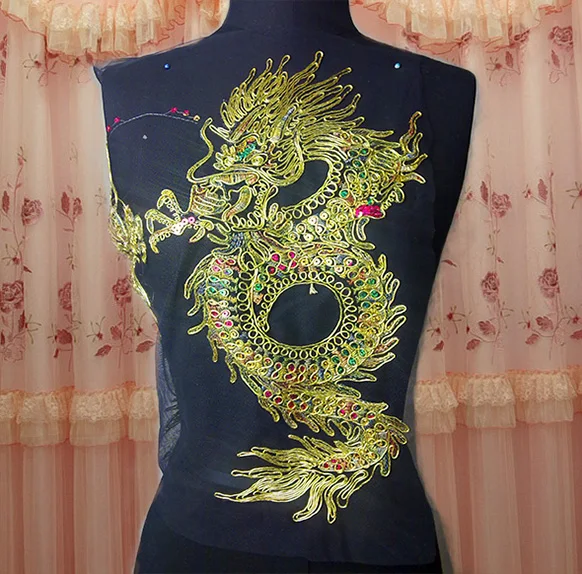 

22*35cm large dragon embroidery on black gauze with paillette sew-on applique raw material for classic or performing clothes