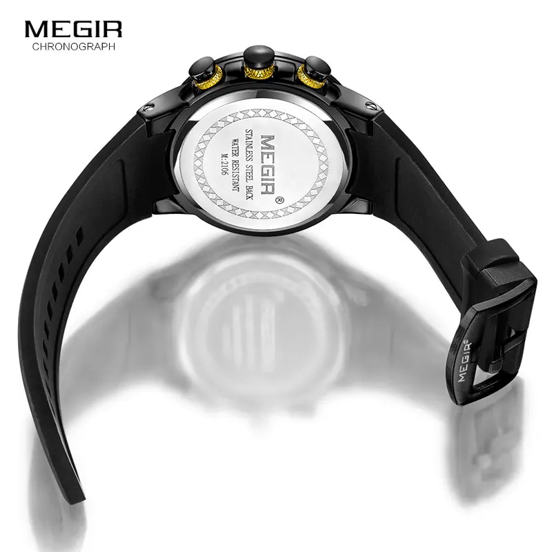 MEGIR Men's Army Sport Quartz Watches Silicone Band Chronograph Waterproof  Luminous Wristwatch Man Relogios Masculino 2106 Black