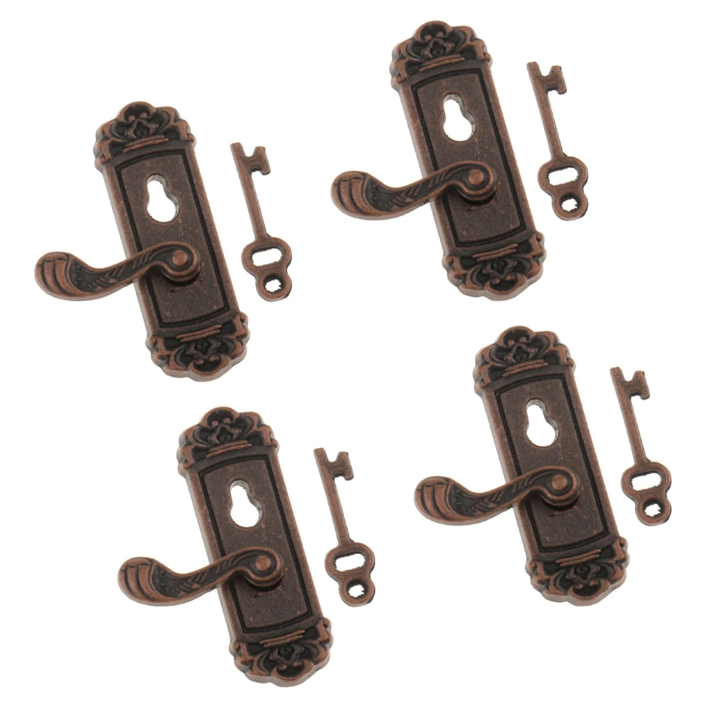 4PCS 1:12 Scale Vintage Metal Door Knob Plate Keys Dollhouse Miniature Right Handle 