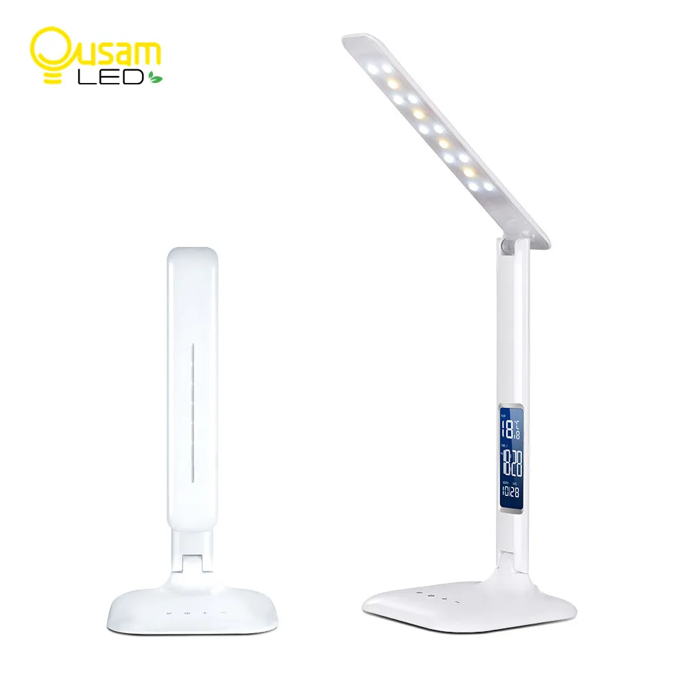 Kopen LED Tafellamp met Lcd scherm Desk Lamp Draagbare Leeslamp Met Kalender Klok Flexibele Moderne kantoor Dimbare