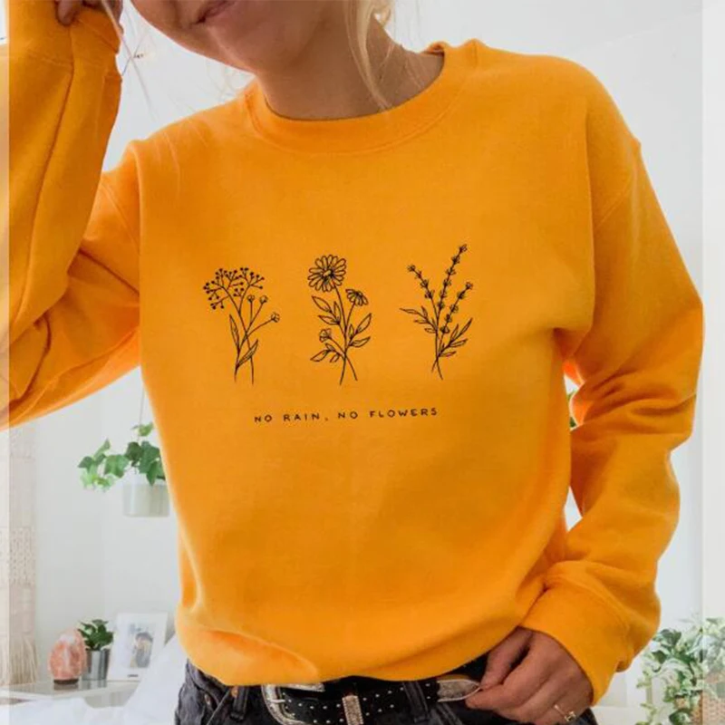 

No Rain No Flowers Women Sweatshirts Pullovers Aesthetic Streetwear Save The Bees Yellow Hoodie 90s Fashion Tops Drop Shipping