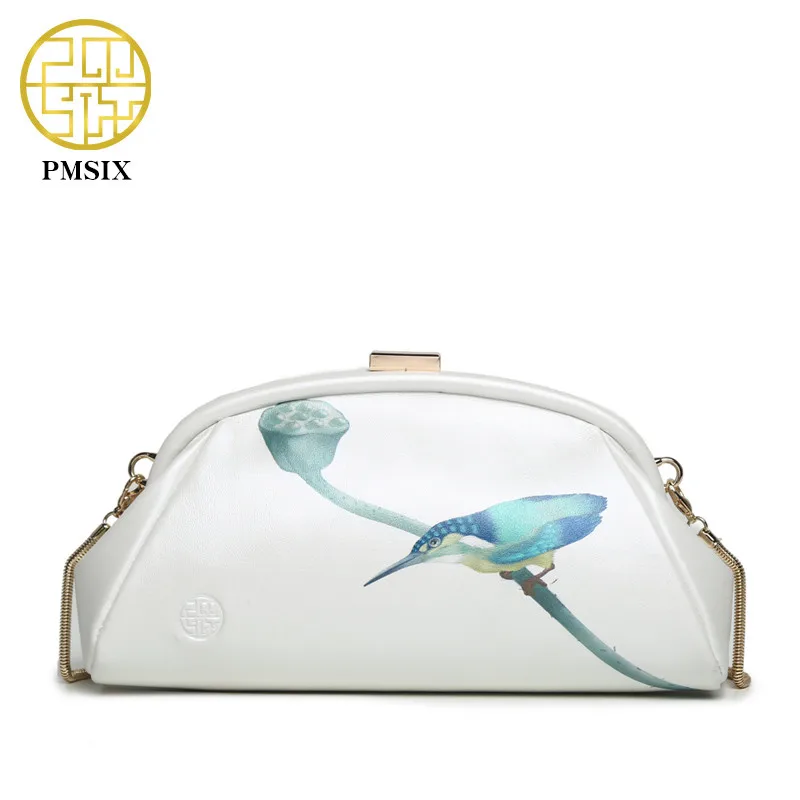 

Pmsix 2017 Spring Summer Printing Women Genuine Leather Shoulder Bag Cowskin Small Chain Bag White Evening Clutch Bag P520008