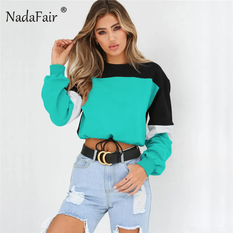 Nadafair, Цветные Лоскутные Свободные повседневные толстовки, женские свитшоты, Осенние сексуальные укороченные топы с эластичной талией, уличная одежда, Sudadera Mujer - Цвет: Зеленый