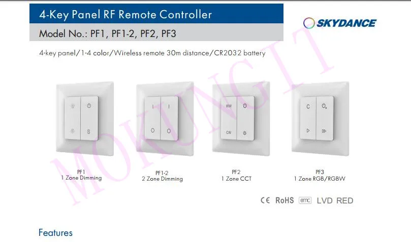 CR2032 питание от аккумулятора 2 зоны 2,4 г яркость пульт дистанционного управления PF1-2 диммер 2 перегородки затемнение ключ панель дистанционного управления