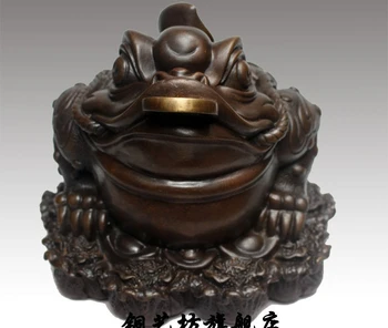 

8" China Folk Bronze Yuanbao Coins Wealth Golden Toad Frog Statue Bronze