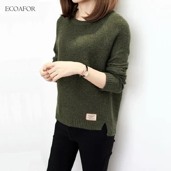 

Sweater Women Fall Autumn O-Neck Full Sleeve Appliques Jumper Slit Hem Knitted Pullover Female Winter Thicken Warm Sweaters
