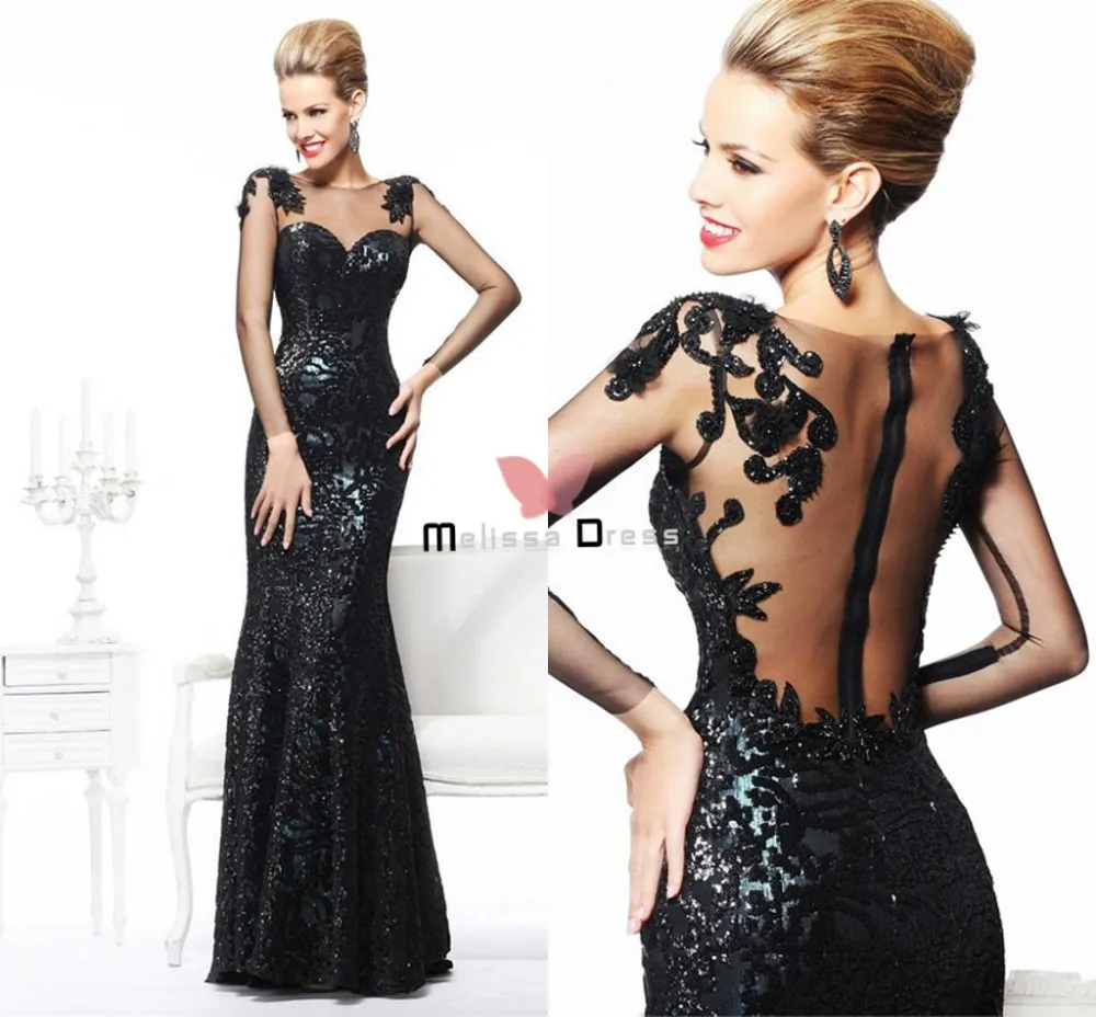 Fast Delivery Sexy Long Sleeve Black Sheath Sheer Evening Dress For