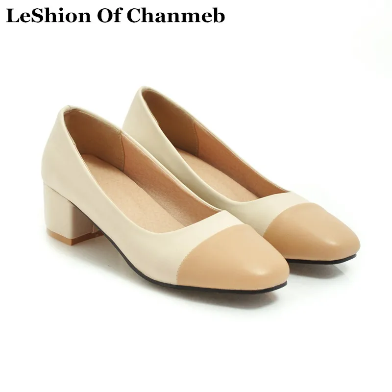 

Fashion PU Leather Block Heels Shoes Women Larger Size 43 44 45 Slip ons Thick Medium Heels Pumps Ladies Patchwork Shoe Footwear