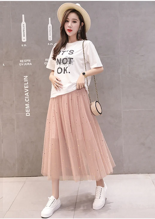 Платье для беременных Высокая талия модная плиссированная юбка блестящая Звезда юбка из прозрачной ткани корейский стиль Одежда для беременных черный розовый - Цвет: Розовый