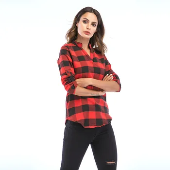 

2018 Autumn Winter Women Blouse Shirt Long Sleeve V Neck Plaid Slim Plus Size Top Blouses Women Shirts Harajuku