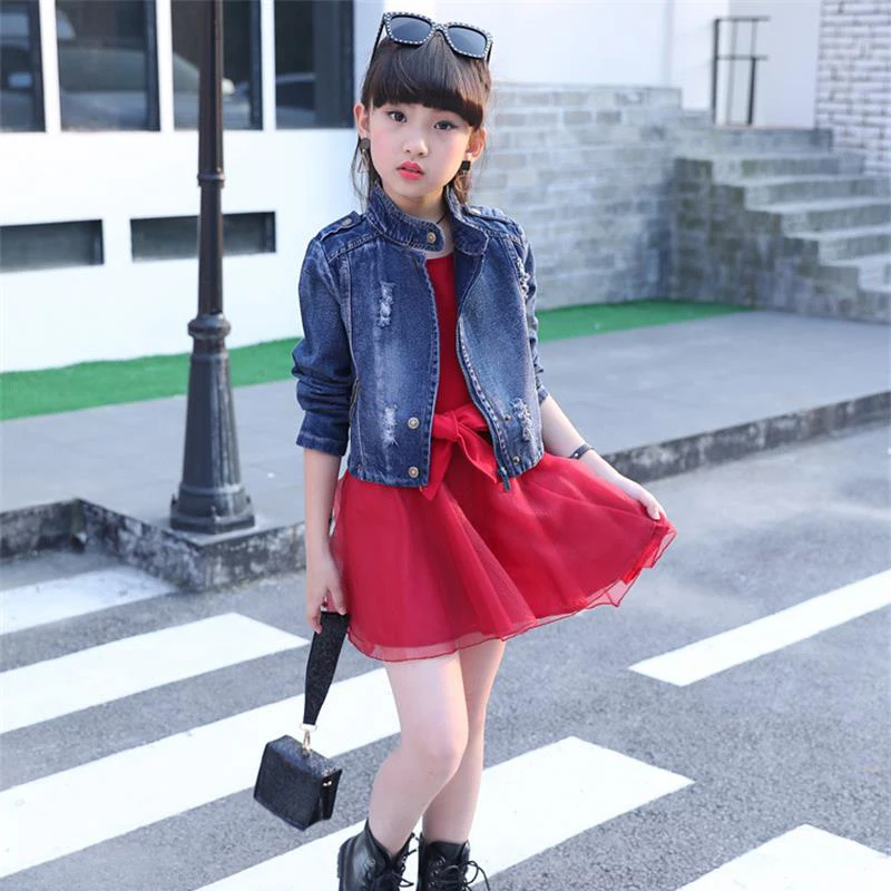 

Children's suit 2018 new spring and autumn clothes girls denim skirt suit big children's pettiskirt two-piece denim suit