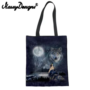 

NOISYDESIGNS 3DHowlin Wolf printed Reusable Canvas Shopping Bags for Women Canvas Folding Tote Coth Recycle Storage eco Handbags