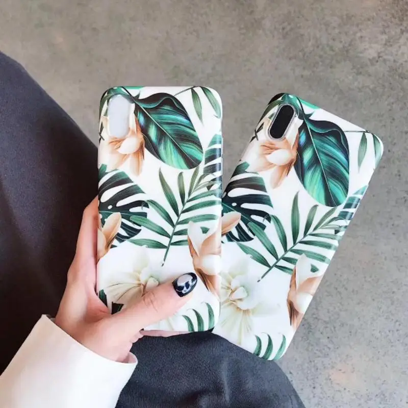 

2019 New Style Art Flowers Leaf Phone Case For iPhone XS Fashion Soft Retro Floral Leaves Case For iPhone 7 8 6 6S Plus
