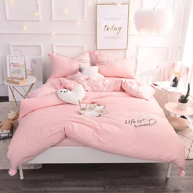 

Pink Princess Style Wool Embroidery King Queen Full Size 3/4PCS Cotton Bedding Set Duvet Cover Bed Linen Bed sheet Pillowcases