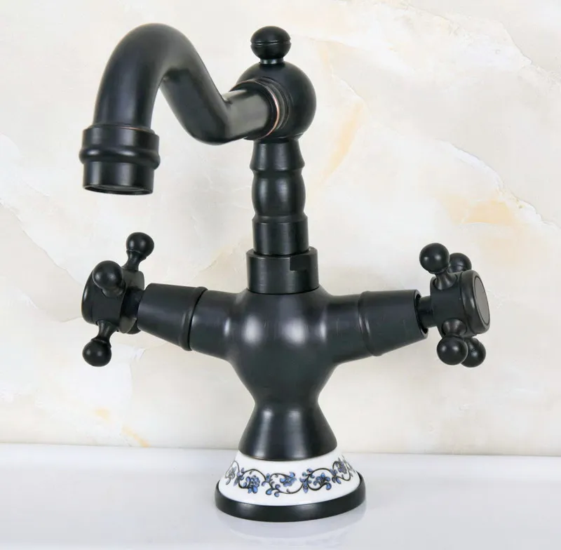 Oil Rubbed Bronze Dual Cross Handles Ceramic Base Bathroom Kitchen Basin Sink Faucet Mixer Tap Swivel Spout Deck Mounted mnf645