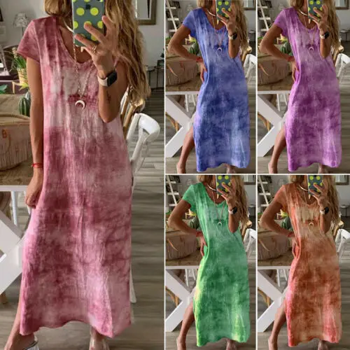 

Fashion New Beach Style Womens Tie Dyeing Print Ethnic Boho Cotton Linen V Neck Short Sleeve Side Split Maxi Dress Plus Size XXL