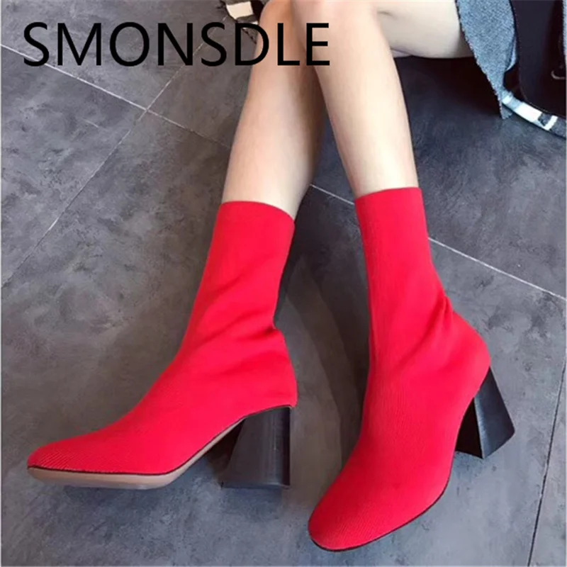 

SMONSDLE New Fashion Black Red Women Ankle Boots Round Toe Slip On Thunky Heel Spring Autumn Casual Boots Shoes Woman