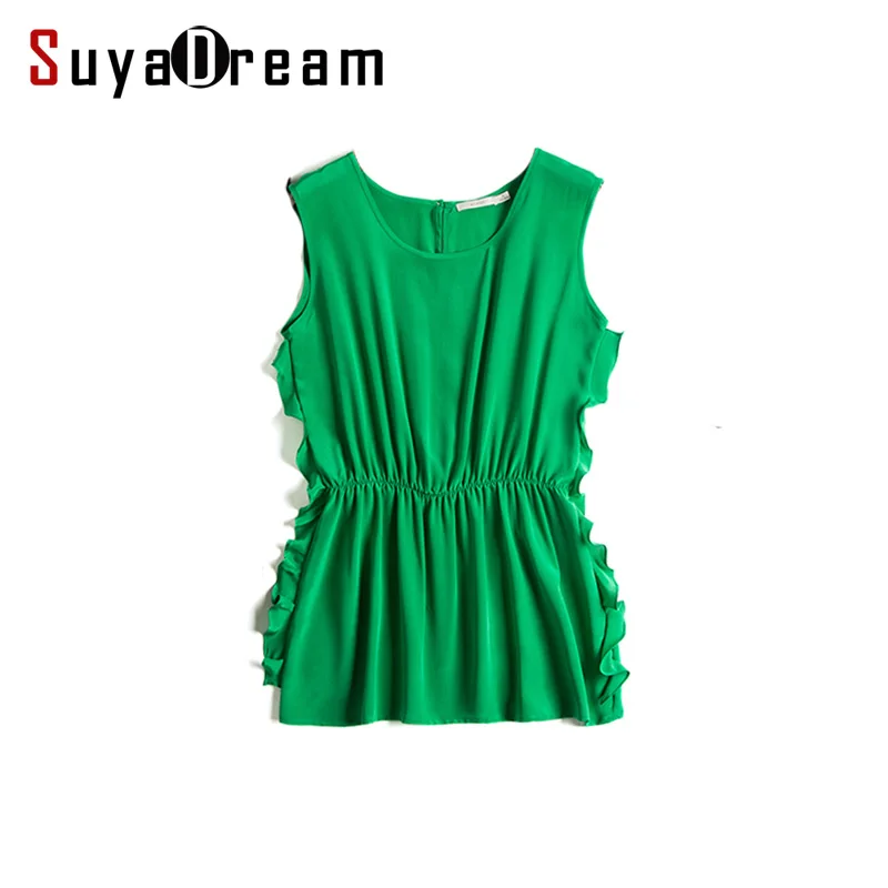 100REAL SILK women Tanks O neck Solid Green tank Top Sleeveless Fashion Ruffles side hems shirt